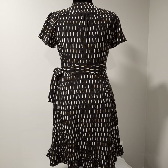 LARK & RO BLACK|BEIGE PRINT RUFFLE EDGED WRAP MIDI DRESS WOMEN SIZE M - Picture 7 of 9